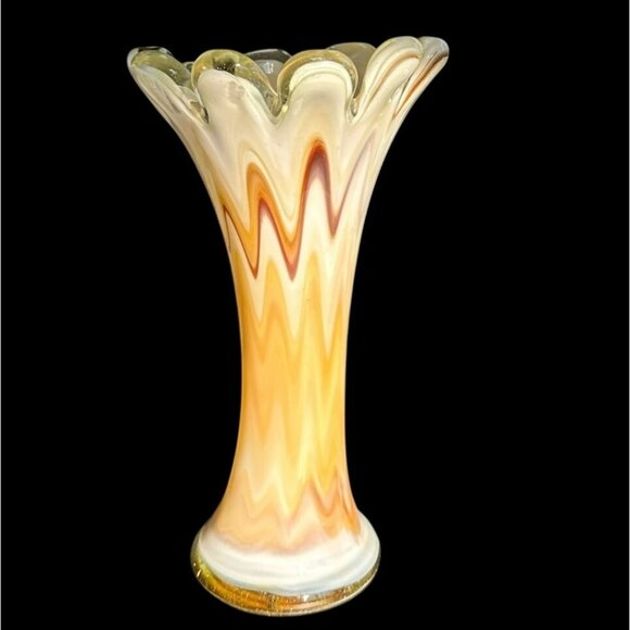 Hand Blown Vase Murano Style Pulled Finger Swung Art Glass Amber Brown White 10. - Picture 2 of 6